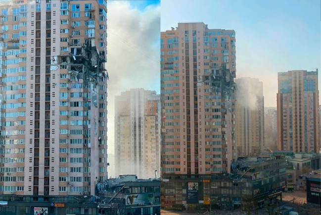 В Киеве попадание ракеты в жилой многоэтажный дом попало на видео