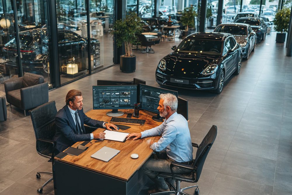 Специалист консультирует клиента по заказу автомобиля