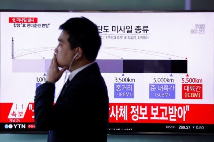 Телевизионная трансляция о запуске ракет, Сеул, Южная Корея,6.марта 2017.