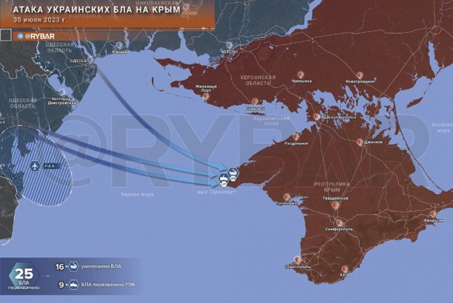 Карта удара БПЛА по Крыму в район мыса Тарханкут