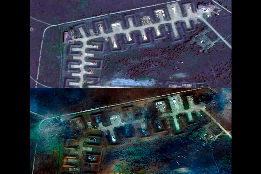 Сравнение снимков со спутника до и после взрывов на аэродроме "Саки" в Крыму