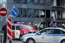 Поврежденные от взрывов БЛПА здание в «Москва Сити»
