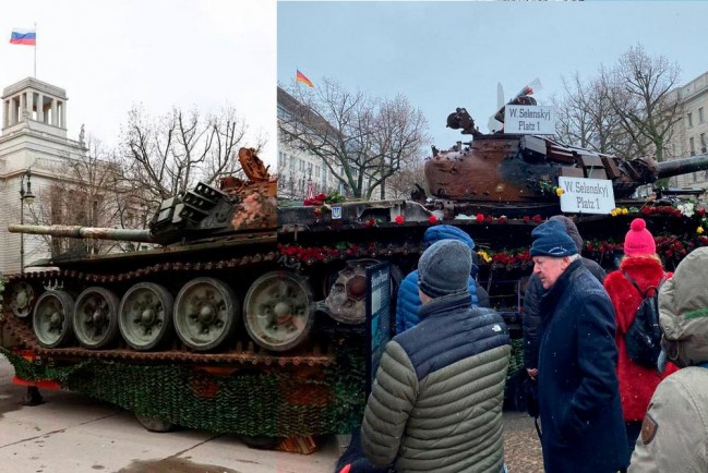 Украинская акция в Берлине пошла не по плану: люди несут к русскому танку цветы