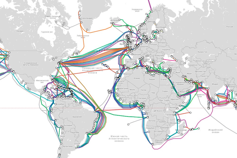 Все подводные кабели, которые снабжают мир Интернетом, которые используются на данный момент