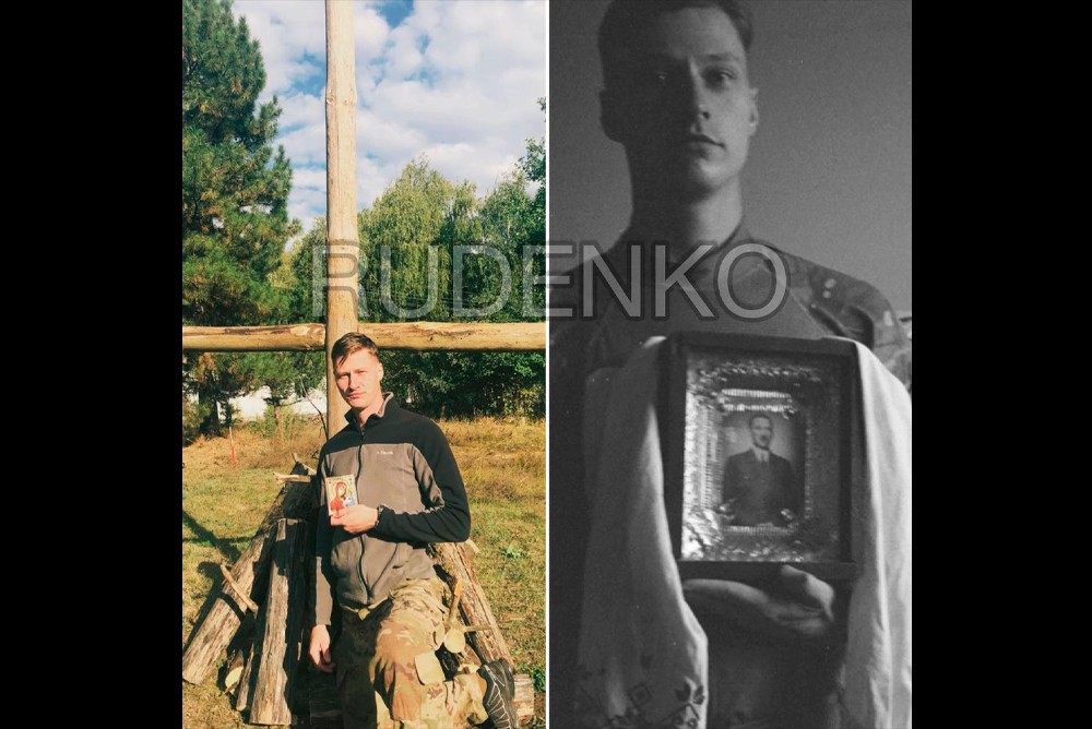 Нацист из "Азова" (террористическая организация, запрещена в РФ) с иконой на которой изображен Гитлер