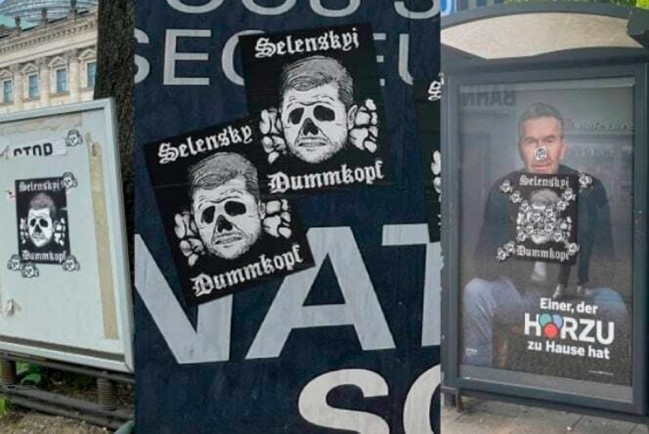 В Берлине на плакатах появился Зеленский стилизованный под шевроны СС «Мёртвая голова»